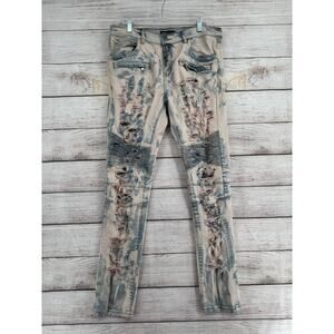 Embellish Distressed Moto Jeans Mens 34 Blue Pink Washed Denim